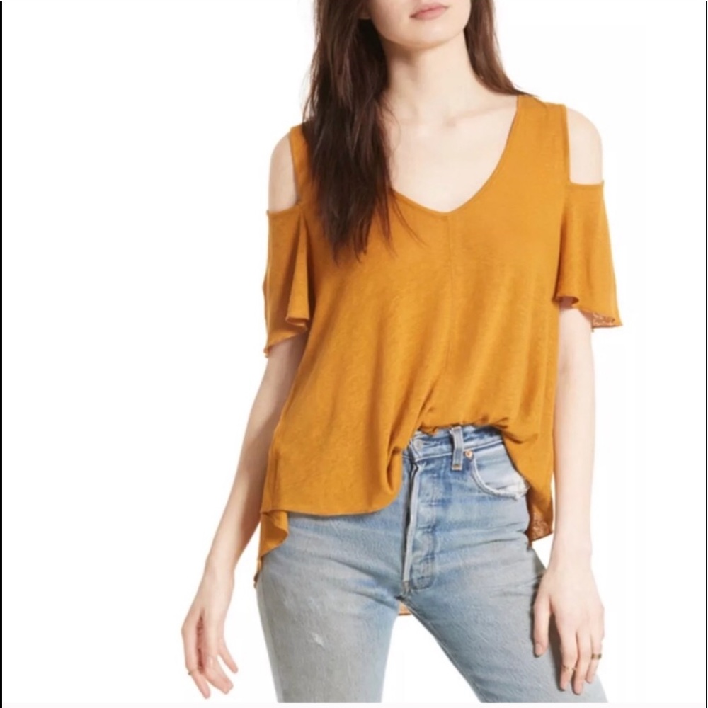 Free People Mustard Cold Shoulder Shirt